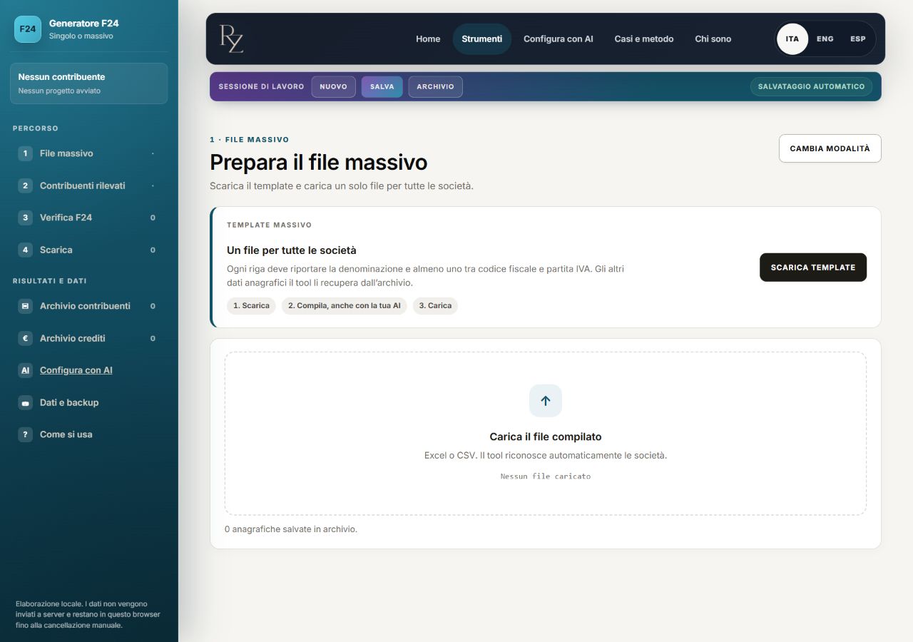 Generatore F24: area per caricare il file massivo compilato