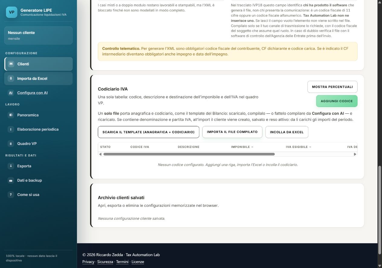 Generatore LIPE: pannello Codiciario IVA con il pulsante per importare il file compilato
