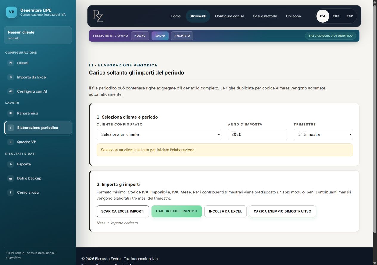 Generatore LIPE: elaborazione periodica e pulsante Carica Excel importi